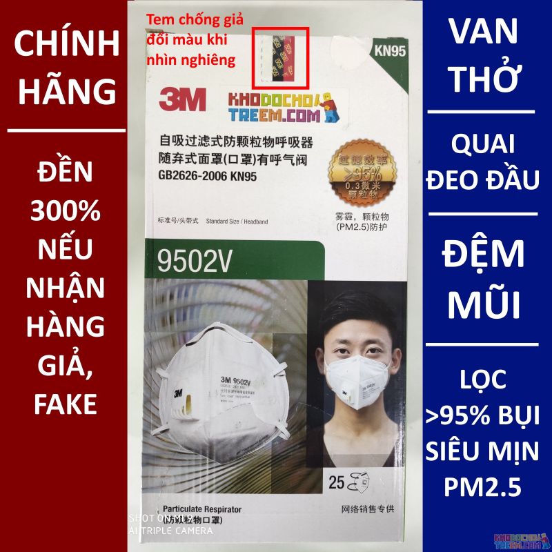 Khẩu trang 3M 9502V KN95 có đệm mũi lọc hơn 95% bụi siêu mịn PM2.5 có van thở, đeo đầu, chun tổng hợp, chính hãng nâng cấp của 9