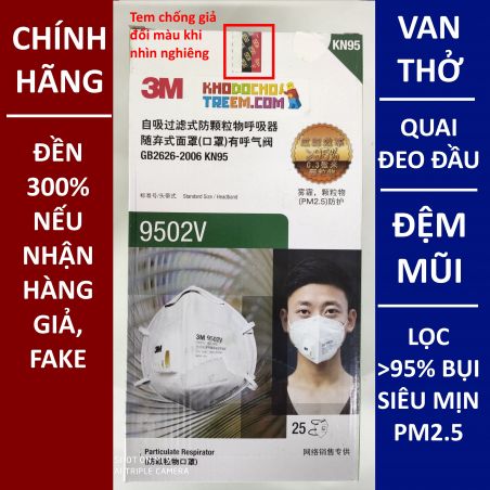 Khẩu trang 3M 9502V KN95 có đệm mũi lọc hơn 95% bụi siêu mịn PM2.5 có van thở, đeo đầu, chun tổng hợp, chính hãng nâng cấp của 9