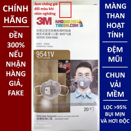 Khẩu trang 3M 9541V KN95 lọc hơn 95% bụi siêu mịn PM2.5 và độc với màng than hoạt tính đệm mũi van thở chun vải mềm chính hãng t