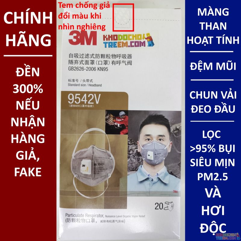 Khẩu trang 3M 9542V KN95 lọc hơn 95% bụi siêu mịn PM2.5 và độc với màng than hoạt tính đệm mũi van thở chun vải mềm đeo đầu chín