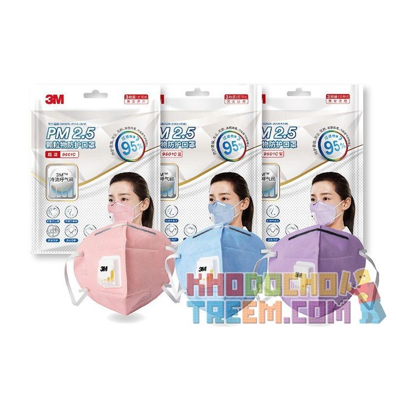 Khẩu trang 3M 9501C xanh tím hồng KN95 có đệm mũi lọc hơn 95% bụi siêu mịn PM2.5 có van thở, đeo tai, chính hãng
