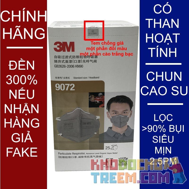 Khẩu trang 3M 9072 KN90 lọc hơn 90% hơi độc bụi siêu mịn PM2.5 có màng than hoạt tính chính hãng mới hơn 3M 9042 toàn đồ giả