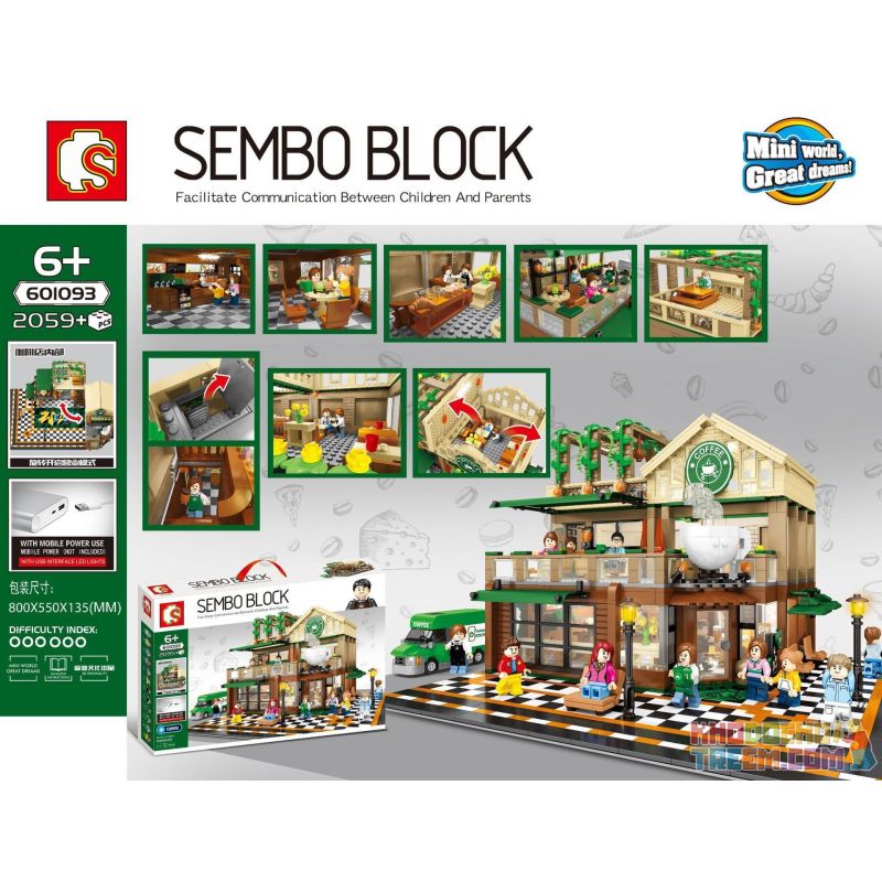 SEMBO 601093 non  ÁNH SÁNG QUÁN CÀ PHÊ BÌNH THƯỜNG bộ đồ chơi xếp lắp ráp ghép mô hình Creator Sáng Tạo 2059 khối