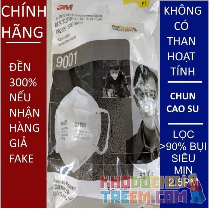 Một cái khẩu trang 3M 9001 KN90 lọc hơn 90% bụi siêu mịn PM2.5 , đeo tai, chun tổng hợp, chính hãng
