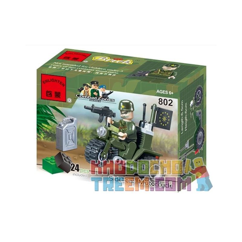 Enlighten 802 Qman 802 non  XE BA BÁNH bộ đồ chơi xếp lắp ráp ghép mô hình Military Army COMBATZONES SIDE-CAR MOTORCYCLE Quân Sự Bộ Đội 24 khối
