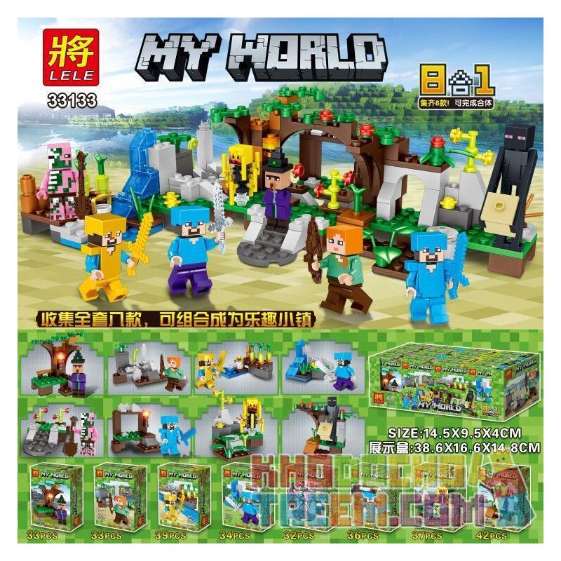LELE 33133 non  MINIFIGURES 8 KIỂU TRONG 1 bộ đồ chơi xếp lắp ráp ghép mô hình Minecraft MY WORLD 8IN1 Game Xây Dựng 286 khối