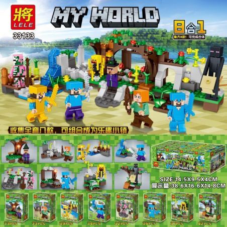 LELE 33133 non  MINIFIGURES 8 KIỂU TRONG 1 bộ đồ chơi xếp lắp ráp ghép mô hình Minecraft MY WORLD 8IN1 Game Xây Dựng 286 khối