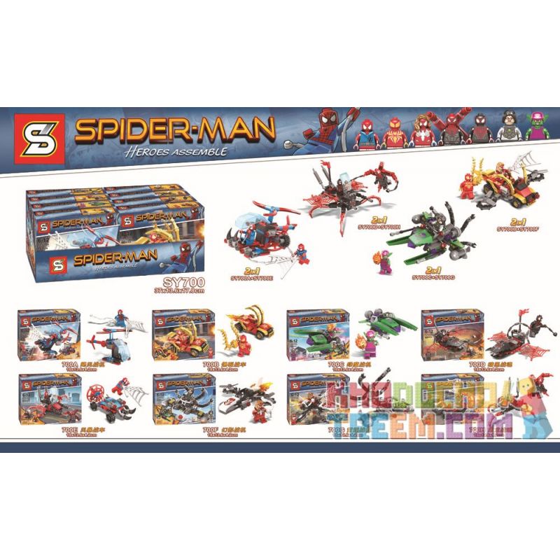 SHENG YUAN SY SY700A 700A SY700B 700B SY700C 700C SY700D 700D SY700E 700E SY700F 700F SY700G 700G SY700H 700H non  XE NGỰA NGƯỜI NHỆN CÓ THỂ LẮP ĐƯỢC 8 MÔ HÌNH bộ đồ chơi xếp lắp ráp ghép mô hình Super Heroes SPIDERMAN Siêu Nhân Anh Hùng