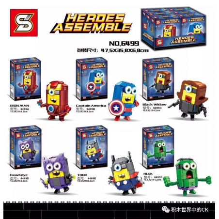 SHENG YUAN SY 6499F 6499A 6499B 6499C 6499D 6499E non  PHIÊN BẢN MINIONS CỦA CÁC MÔ HÌNH AVENGERS 6 bộ đồ chơi xếp lắp ráp ghép mô hình Super Heroes HEROES ASSEMBLE Siêu Nhân Anh Hùng