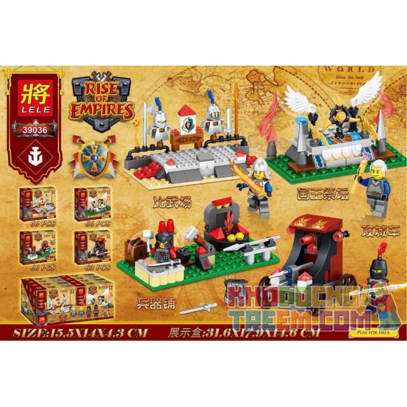 LELE 39036 non  CẢNH 4 LOẠI SÂN THI ĐẤU BÀN THỜ VUA CỬA HÀNG VŨ KHÍ XE BAO VÂY bộ đồ chơi xếp lắp ráp ghép mô hình Rise Of Empires Đế Chế 261 khối