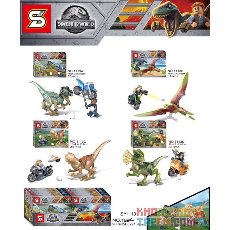 SHENG YUAN SY 1113A 1113B 1113C 1113D non  8 LOÀI KHỦNG LONG VÀ MÔ TÔ NHỎ bộ đồ chơi xếp lắp ráp ghép mô hình Jurassic World DINOSAUR WORLD Thế Giới Khủng Long 138 khối