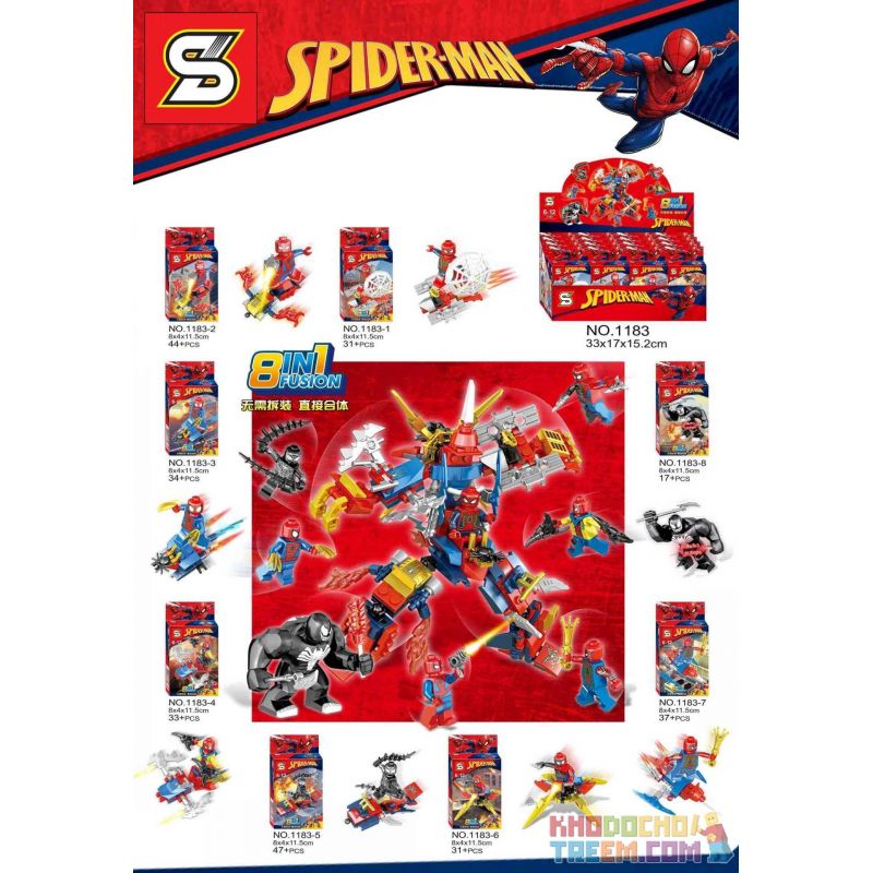 SHENG YUAN SY 1183 non  SPIDERMAN MINIFIGURE 8 SỰ KẾT HỢP MECH bộ đồ chơi xếp lắp ráp ghép mô hình Super Heroes Siêu Nhân Anh Hùng 274 khối