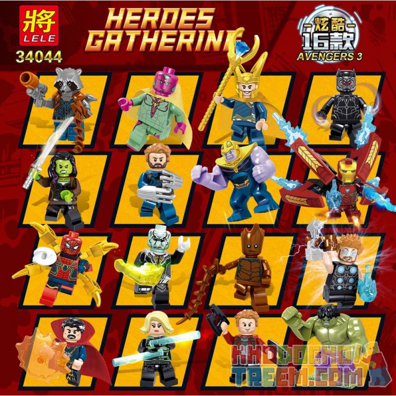 LELE 34044 non  BỘ SƯU TẬP 16 MÔ HÌNH NHÂN VẬT AVENGERS 3 bộ đồ chơi xếp lắp ráp ghép mô hình Super Heroes HEROES GATHERING Siêu Nhân Anh Hùng