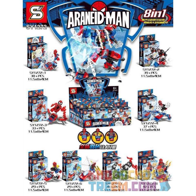 SHENG YUAN SY SY1272 1272 non  NGƯỜI NHỆN MINIFIGURE 8 bộ đồ chơi xếp lắp ráp ghép mô hình Super Heroes ARANEID-MAN Siêu Nhân Anh Hùng 287 khối