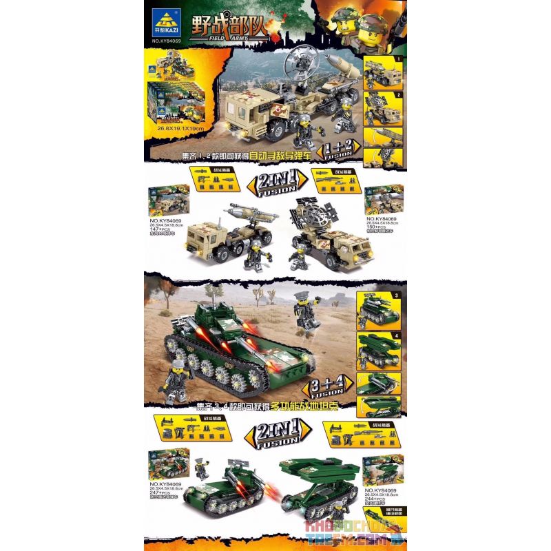 Kazi KY84069 84069 non  SỰ KẾT HỢP CỦA 4 LOẠI XE TĂNG TÊN LỬA DẪN ĐƯỜNG TỰ ĐỘNG TÌM ĐỊCH CHIẾN TRƯỜNG ĐA CHỨC NĂNG bộ đồ chơi xếp lắp ráp ghép mô hình Field Army 788 khối