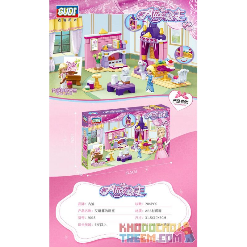 GUDI 9015 non  PHÒNG THU CỦA ELENA bộ đồ chơi xếp lắp ráp ghép mô hình Alice Princess ELENA'S STUDIO Công Chúa Alice 204 khối