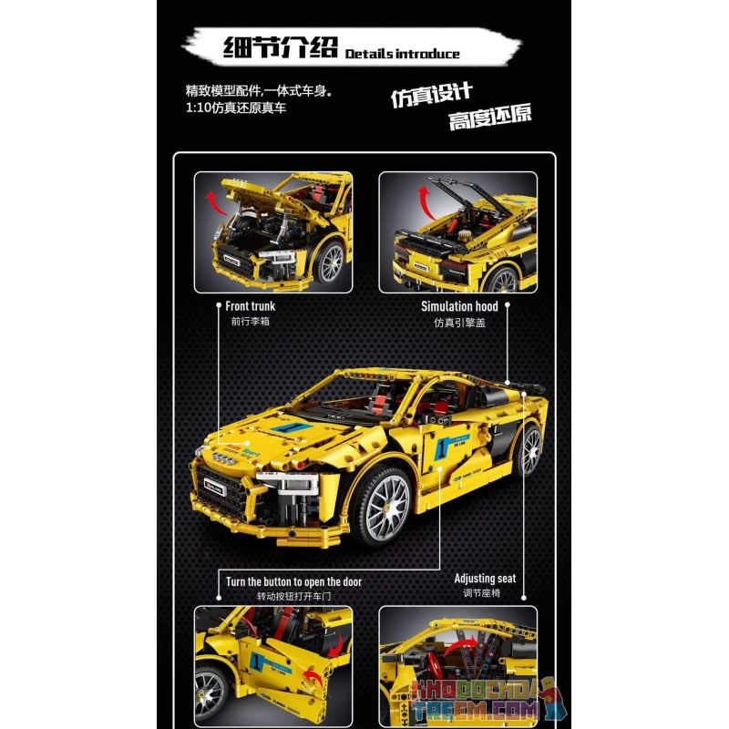 DK 2103 LIN07 0023 MouldKing 13127 Mould King 13127 REBRICKABLE MOC-4463 4463 MOC4463 non  AUDI R8 V10 1:10 tỷ lệ 1:10 bộ đồ chơi xếp lắp ráp ghép mô hình  AUDI R8 V10 SECOND GENERATION Kỹ Thuật Công Nghệ Cao Mô Hình Phương Tiện 1839 khối