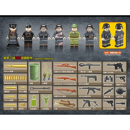 QuanGuan 100077 Quan Guan 100077 non  6 XE PHÁO TRONG THẾ CHIẾN II CỦA ĐỨC bộ đồ chơi xếp lắp ráp ghép mô hình Heroes & Generals Anh Hùng Và Người Thường 764 khối