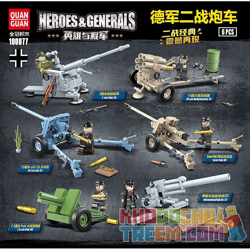 QuanGuan 100077 Quan Guan 100077 non  6 XE PHÁO TRONG THẾ CHIẾN II CỦA ĐỨC bộ đồ chơi xếp lắp ráp ghép mô hình Heroes & Generals Anh Hùng Và Người Thường 764 khối