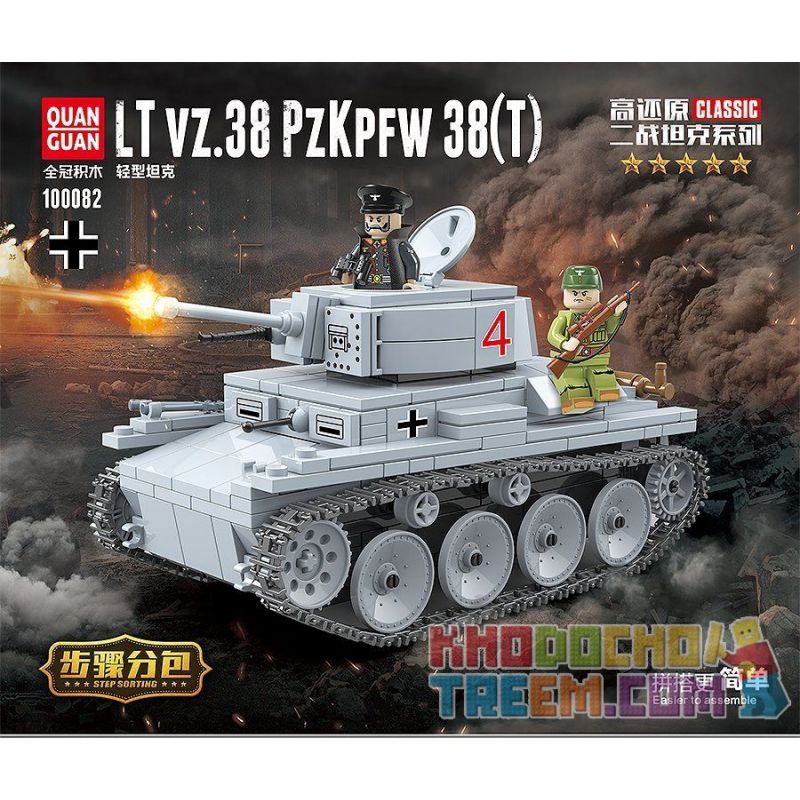 QuanGuan 100082 Quan Guan 100082 non  XE TĂNG HẠNG NHẸ LT-38 bộ đồ chơi xếp lắp ráp ghép mô hình World War Ii LT VZ.38 PZKPFW 38(T) Chiến Tranh Thế Giới Thứ 2 535 khối