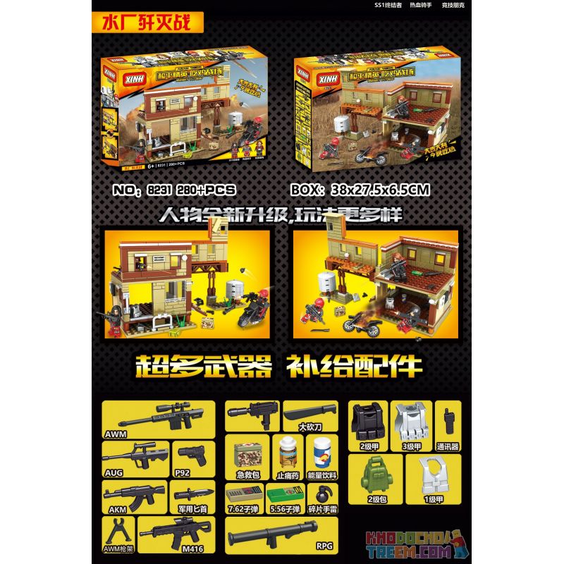 XINH 8231 non  CHIẾN TRANH TIÊU DIỆT CÔNG TRÌNH NƯỚC bộ đồ chơi xếp lắp ráp ghép mô hình Pubg Battlegrounds Bắn Súng 280 khối