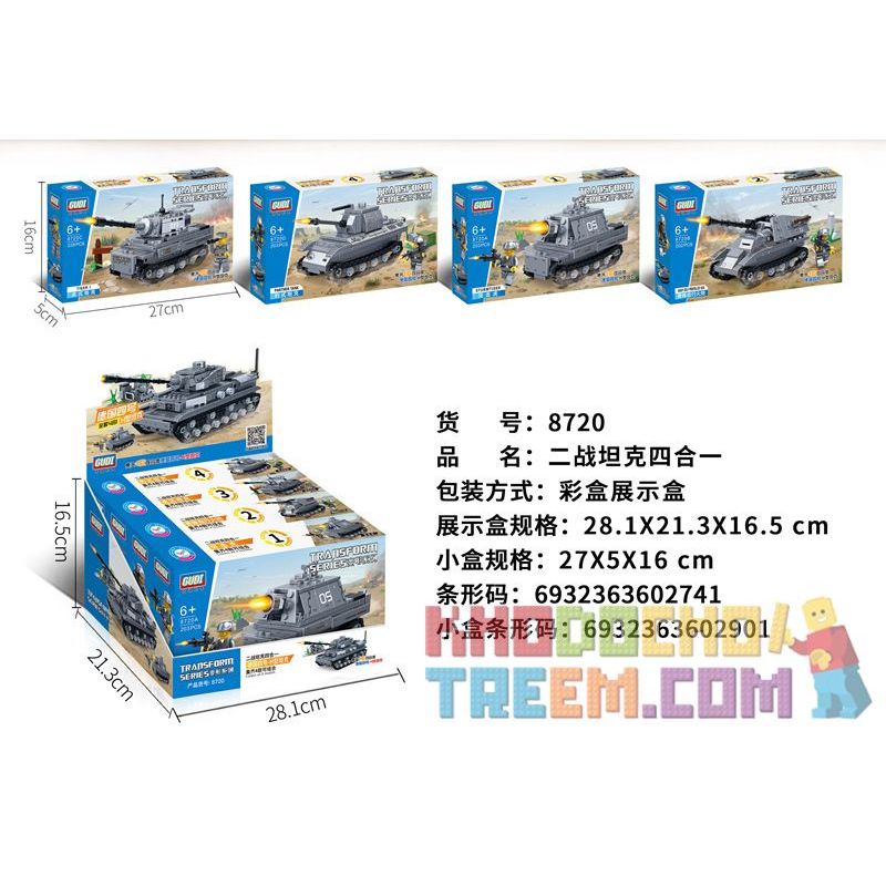 GUDI 8720 non  TỔ HỢP 4 XE TĂNG IV-H CỦA ĐỨC TRONG THẾ CHIẾN II HỔ TẤN CÔNG PHÁO TỰ HÀNH WASP TIGER PANTHER bộ đồ chơi xếp lắp ráp ghép mô hình Transformers Robot Đại Chiến Người Máy Biến Hình 836 khối