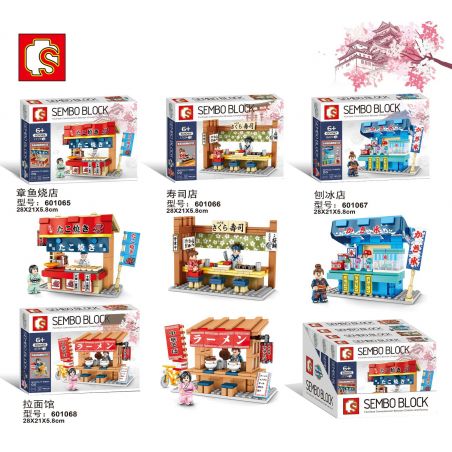 SEMBO 601065 601066 601067 601068 non  4 KIỂU NHÀ HÀNG TAKOYAKI SUSHI ĐÁ BÀO RAMEN bộ đồ chơi xếp lắp ráp ghép mô hình City SEMBO BLOCK Thành Phố 692 khối