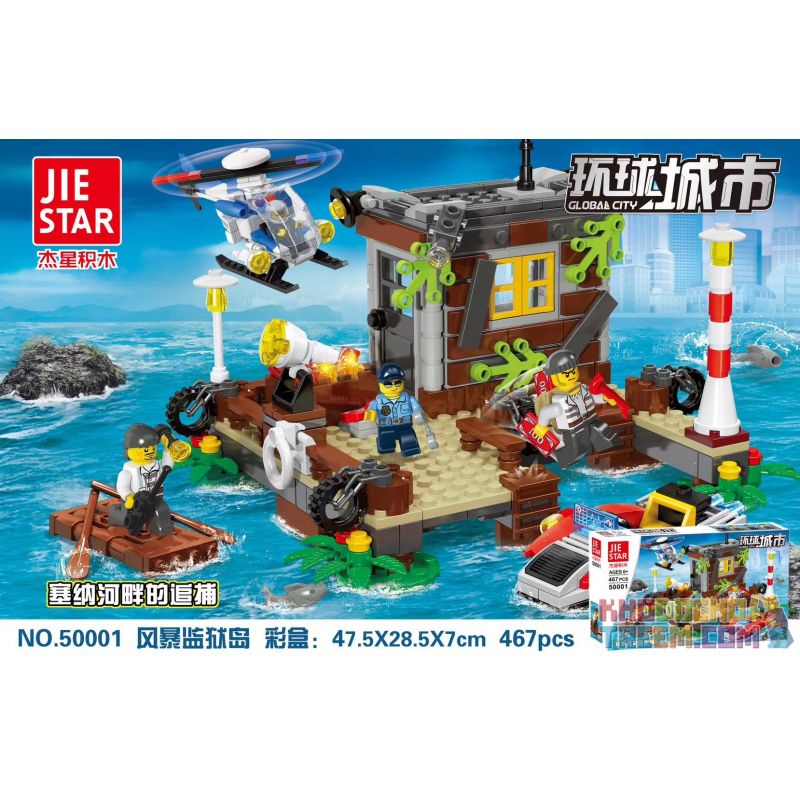 JIESTAR 50001 non  ĐI SĂN TRÊN SÔNG SEINE Ở ĐẢO STORM PRISON bộ đồ chơi xếp lắp ráp ghép mô hình City GLOBAL CITY Thành Phố 467 khối