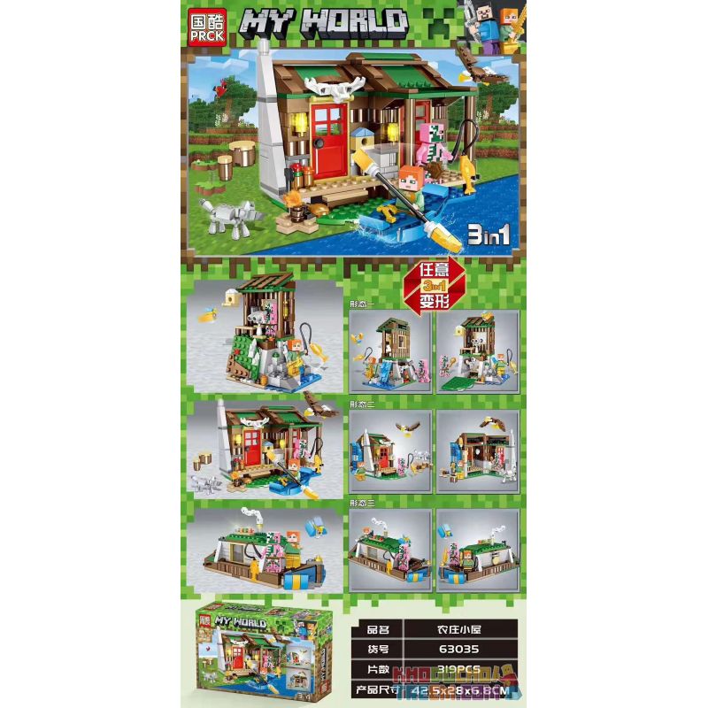 PRCK 63035 non  NÔNG TRẠI COTTAGE 3IN1. bộ đồ chơi xếp lắp ráp ghép mô hình Minecraft MY WORLD Game Xây Dựng 319 khối