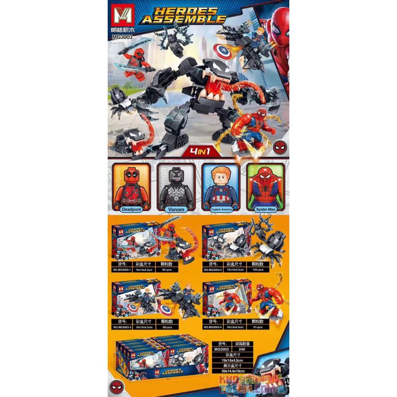 MINGER MG3003 3003 non  SỰ KẾT HỢP GIỮA SPIDER-MAN VS VENOM MECH 4 bộ đồ chơi xếp lắp ráp ghép mô hình Super Heroes HEROES ASSEMBLE Siêu Nhân Anh Hùng 329 khối