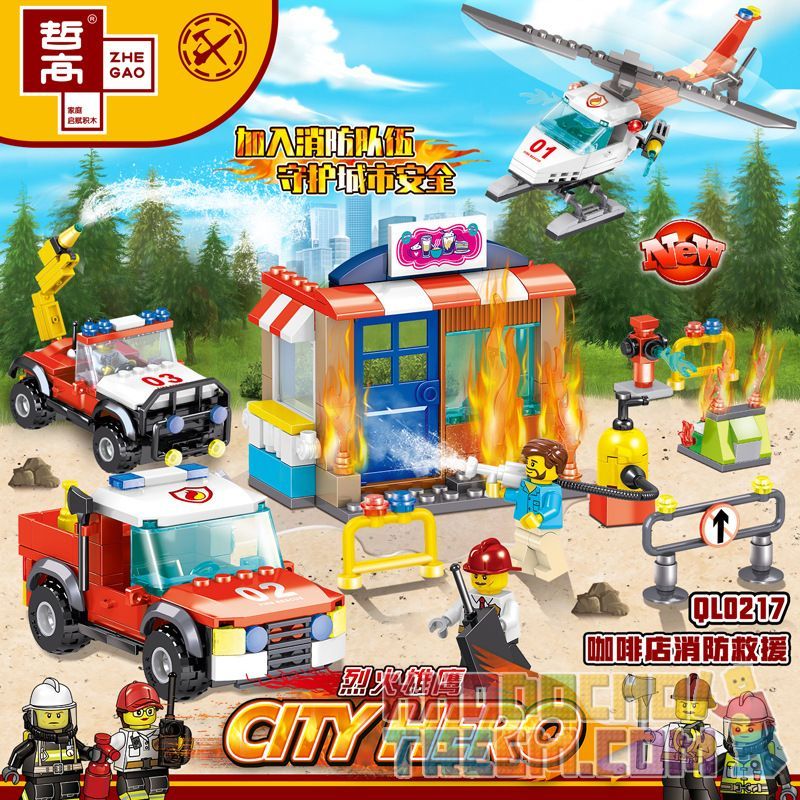 ZHEGAO QL0217 0217 non  CỨU HỎA QUÁN CÀ PHÊ 4 KIỂU bộ đồ chơi xếp lắp ráp ghép mô hình City Hero Anh Hùng Trong Thành Phố 479 khối
