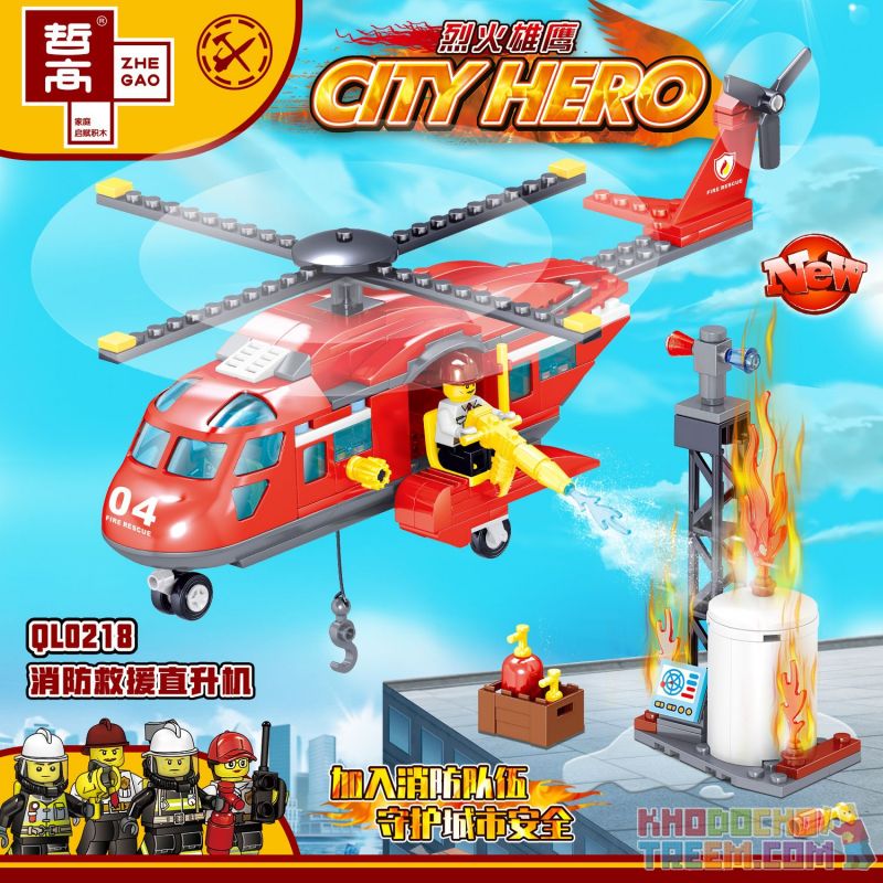 ZHEGAO QL0218 0218 non  TRỰC THĂNG CỨU HỘ HỎA bộ đồ chơi xếp lắp ráp ghép mô hình City Hero Anh Hùng Trong Thành Phố 252 khối