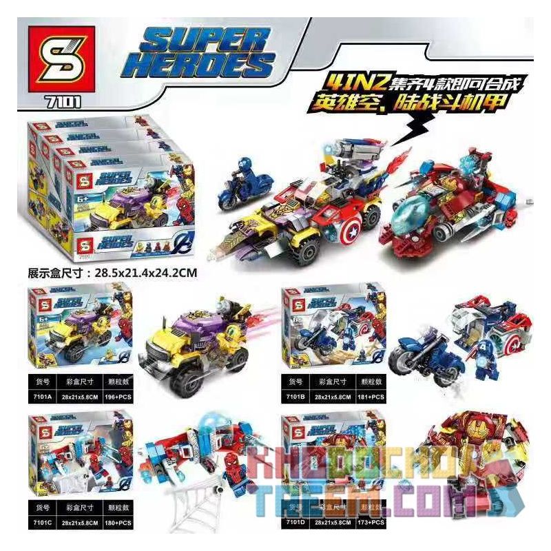 SHENG YUAN SY 7101 non  MÁY BAY CHIẾN ĐẤU ANH HÙNG TRÊN KHÔNG VÀ BỘ 4 TỔ HỢP bộ đồ chơi xếp lắp ráp ghép mô hình Super Heroes Siêu Nhân Anh Hùng 730 khối