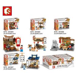 SEMBO 601605 601606 601607 601604 non  KHUNG CẢNH ĐƯỜNG PHỐ KIỂU TRUNG QUỐC 4 BÁNH HẤP QINGFENG MÌ XÀO BẮC KINH CỔ MÓN HẦM LÂU ĐỜI PHÒNG THƯ PHÁP VÀ HỘI HỌA bộ đồ chơi xếp lắp ráp ghép mô hình City Thành Phố 720 khối