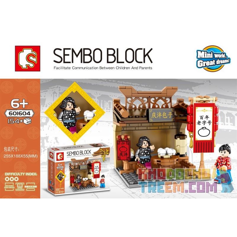 SEMBO 601605 601606 601607 601604 non  KHUNG CẢNH ĐƯỜNG PHỐ KIỂU TRUNG QUỐC 4 BÁNH HẤP QINGFENG MÌ XÀO BẮC KINH CỔ MÓN HẦM LÂU ĐỜI PHÒNG THƯ PHÁP VÀ HỘI HỌA bộ đồ chơi xếp lắp ráp ghép mô hình City Thành Phố 720 khối