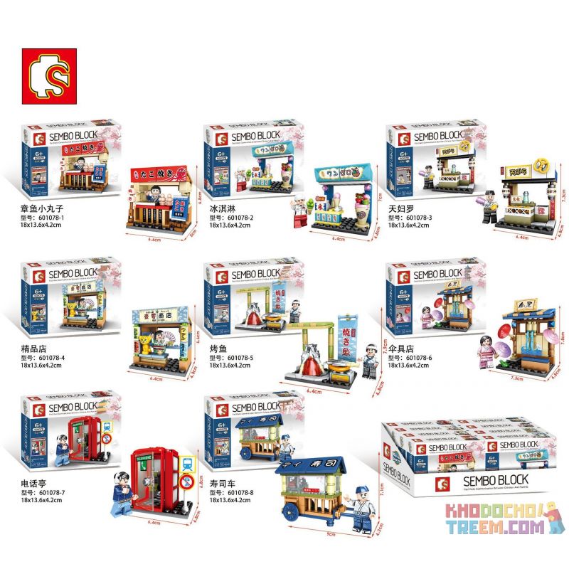 SEMBO 601078 non  QUANG CẢNH ĐƯỜNG PHỐ NHẬT BẢN 8 LOẠI BÓNG BẠCH TUỘC KEM TEMPURA CỬA HÀNG CÁ NƯỚNG Ô QUẦY ĐIỆN THOẠI XE BÁN SUSHI bộ đồ chơi xếp lắp ráp ghép mô hình Cherry Blossom Season Mùa Hoa Anh Đào 545 khối