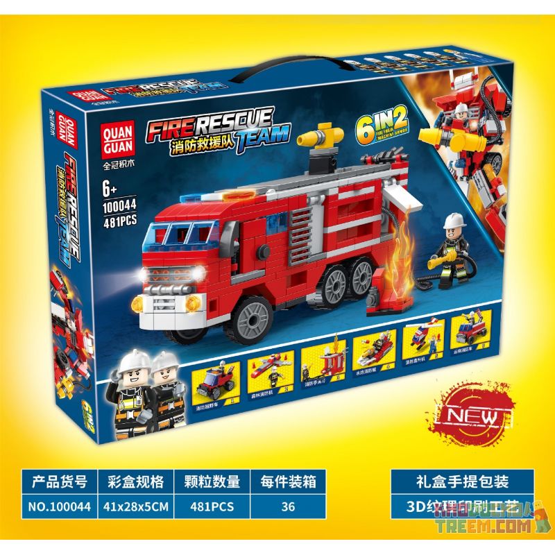 QuanGuan 100044 Quan Guan 100044 non  XE CỨU HỎA NGÔI SAO ĐỎ THẪM 6 KIỂU KẾT HỢP bộ đồ chơi xếp lắp ráp ghép mô hình Fire Rescure FIRERESCUE TEAM 481 khối