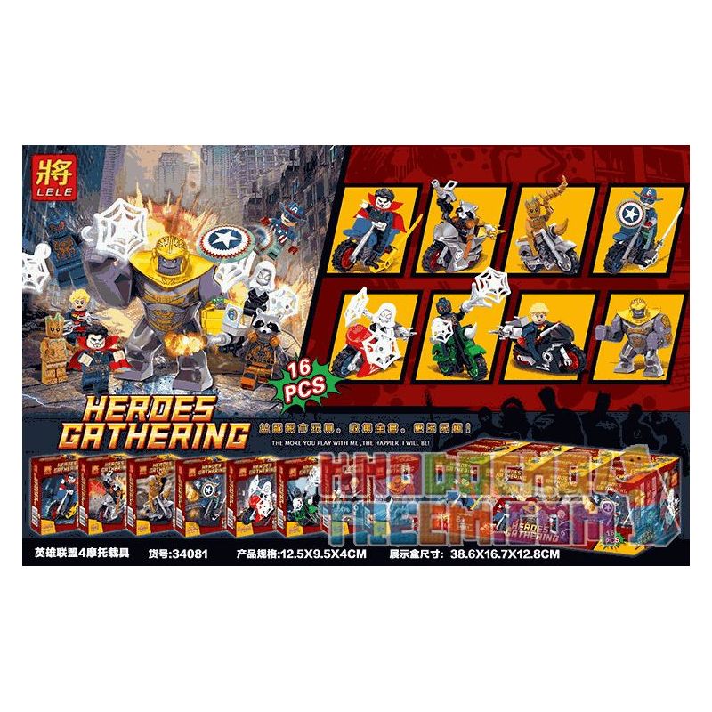 LELE 34081 non  LIÊN MINH HUYỀN THOẠI 4 XE MÔ TÔ 8 LOẠI bộ đồ chơi xếp lắp ráp ghép mô hình Super Heroes HEROES GATHERING Siêu Nhân Anh Hùng