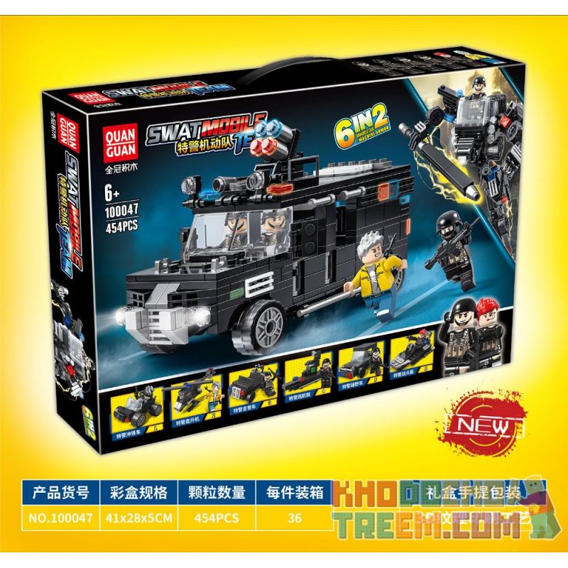 QuanGuan 100047 Quan Guan 100047 non  ĐỘI CƠ ĐỘNG SWAT 6 TỔ HỢP XE TẤN CÔNG TRỰC THĂNG JEEP TÀU TUẦN TRA ĐỊA HÌNH THUYỀN CHIẾN ĐẤU bộ đồ chơi xếp lắp ráp ghép mô hình Swat Special Force SWAT MOBILE TEAM Đặc Nhiệm 454 khối