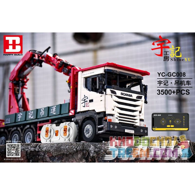 HAPPY BUILD YC-GC008 GC008 YCGC008 non  SCANIA SẾU tỷ lệ 1:8 bộ đồ chơi xếp lắp ráp ghép mô hình Build Team X-TECH SCANIA CRANE LORRY Đội Xây Dựng 3925 khối