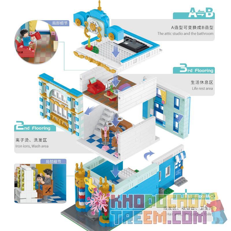 HAPPY BUILD YC-20005 20005 YC20005 non  TIỆM HỚT TÓC bộ đồ chơi xếp lắp ráp ghép mô hình Creator VITAGE MODE Sáng Tạo 1748 khối