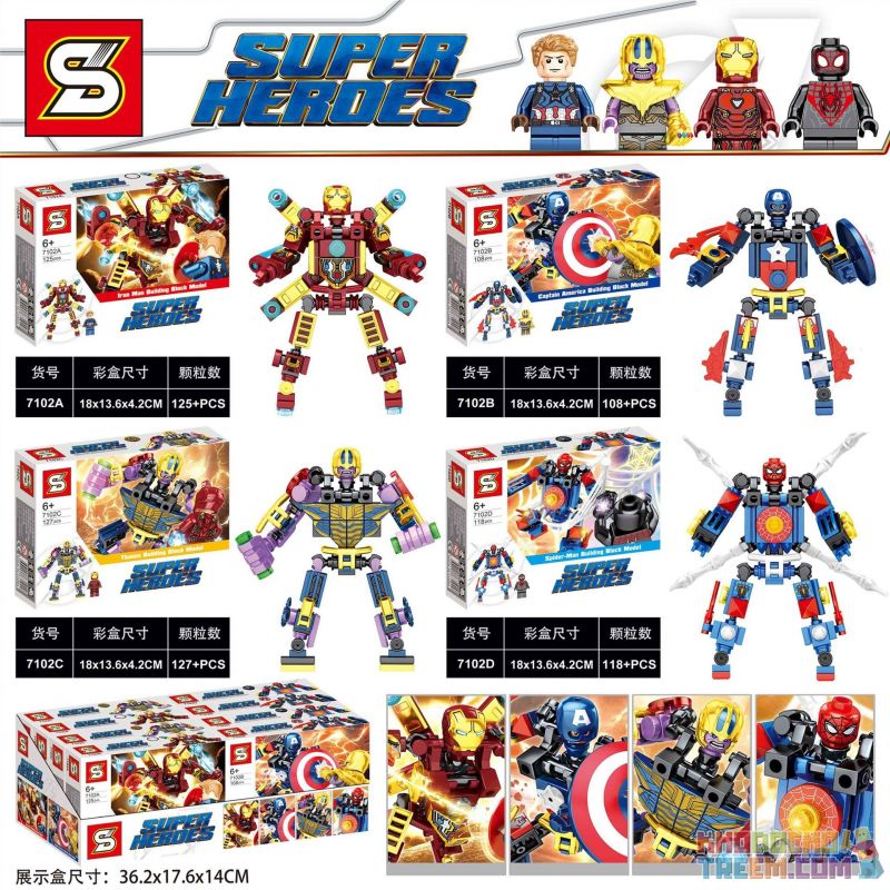SHENG YUAN SY 7102A 7102B 7102C 7102D non  4 BÚP BÊ XÂY DỰNG SIÊU ANH HÙNG IRON MAN CAPTAIN AMERICA THANOS SPIDERMAN bộ đồ chơi xếp lắp ráp ghép mô hình Super Heroes SUPERHEROES Siêu Nhân Anh Hùng 478 khối
