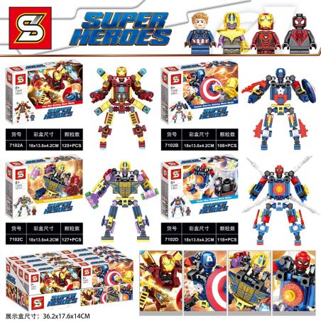 SHENG YUAN SY 7102A 7102B 7102C 7102D non  4 BÚP BÊ XÂY DỰNG SIÊU ANH HÙNG IRON MAN CAPTAIN AMERICA THANOS SPIDERMAN bộ đồ chơi xếp lắp ráp ghép mô hình Super Heroes SUPERHEROES Siêu Nhân Anh Hùng 478 khối
