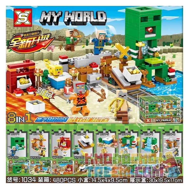 SX 1034 non  CREEPER MINE TREASURE HUNT 8 LOẠI bộ đồ chơi xếp lắp ráp ghép mô hình Minecraft MY WORLD Game Xây Dựng 343 khối