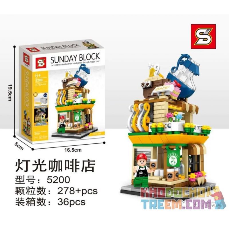 SHENG YUAN SY 5200 non  QUÁN CÀ PHÊ NHẸ bộ đồ chơi xếp lắp ráp ghép mô hình Mini Modular SUNDAY BLOCK Đường Phố Thu Nhỏ 278 khối