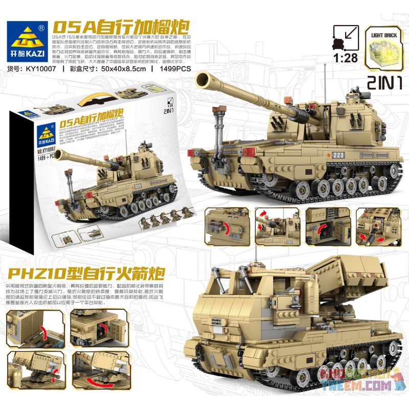 Kazi KY10007 10007 non  05 LỰU PHÁO TỰ HÀNH 1:28 tỷ lệ 1:28 bộ đồ chơi xếp lắp ráp ghép mô hình Military Army Quân Sự Bộ Đội 1499 khối
