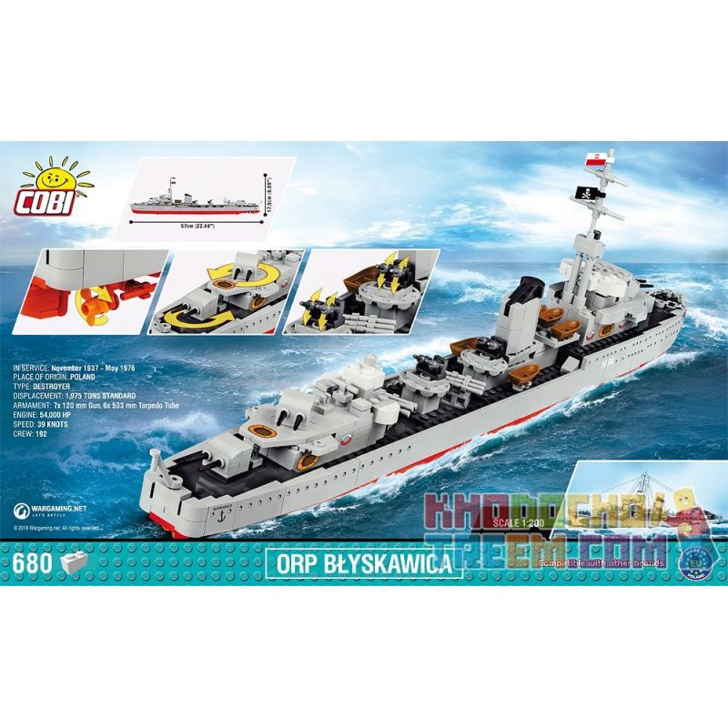 COBI 3080 4807 non  KHU TRỤC HẠM BLIKSEM bộ đồ chơi xếp lắp ráp ghép mô hình Military Army DESTROYER ORP BŁYSKAWICA Quân Sự Bộ Đội 680 khối
