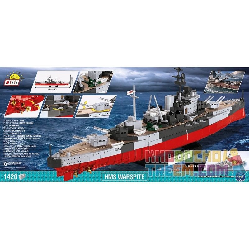 COBI 3082 non  CHIẾN HẠM KIỆT QUỆ bộ đồ chơi xếp lắp ráp ghép mô hình Military Army HMS WARSPITE Quân Sự Bộ Đội 1420 khối