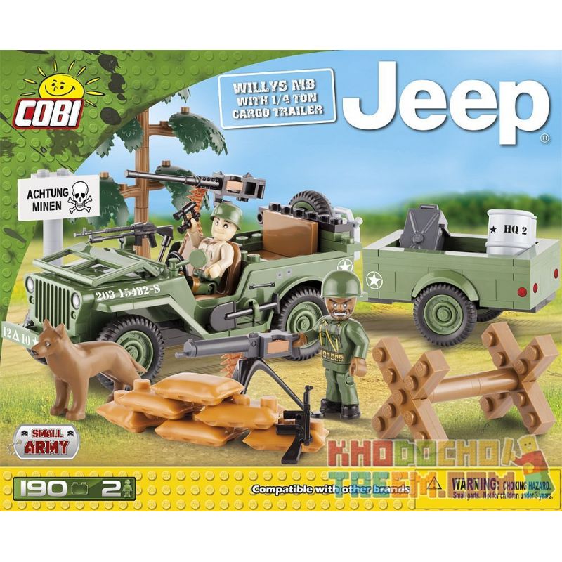 COBI 24192 non  WILLIS MB VÀ RƠ MOÓC CHỞ HÀNG 14 TẤN bộ đồ chơi xếp lắp ráp ghép mô hình Military Army WILLYS MB WITH 1/4 TON CARGO TRAILER Quân Sự Bộ Đội 190 khối
