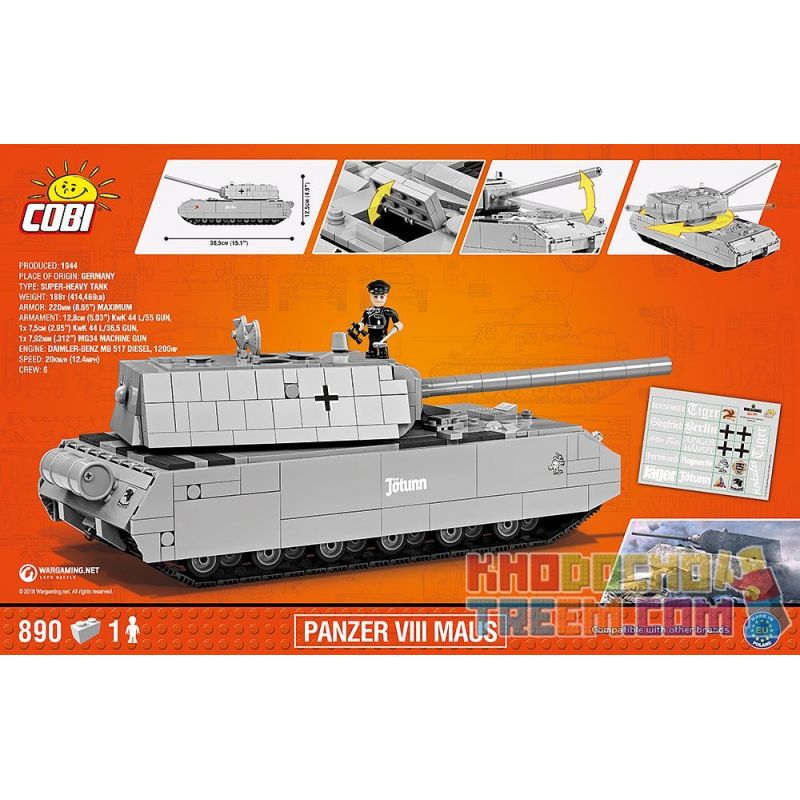 COBI 3024 non  CHUỘT XE TĂNG SỐ 8 bộ đồ chơi xếp lắp ráp ghép mô hình Military Army PANZER VIII MAUS Quân Sự Bộ Đội 890 khối
